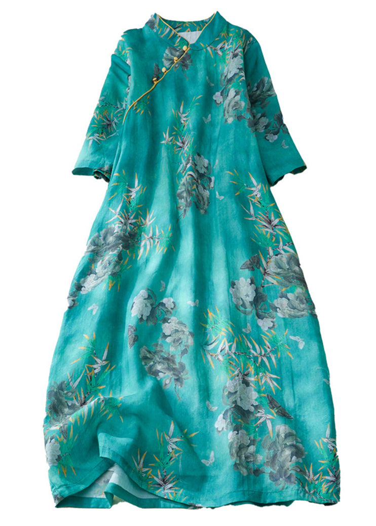 Natural Green Stand Collar Print Button Long Dress Short Sleeve Vv082