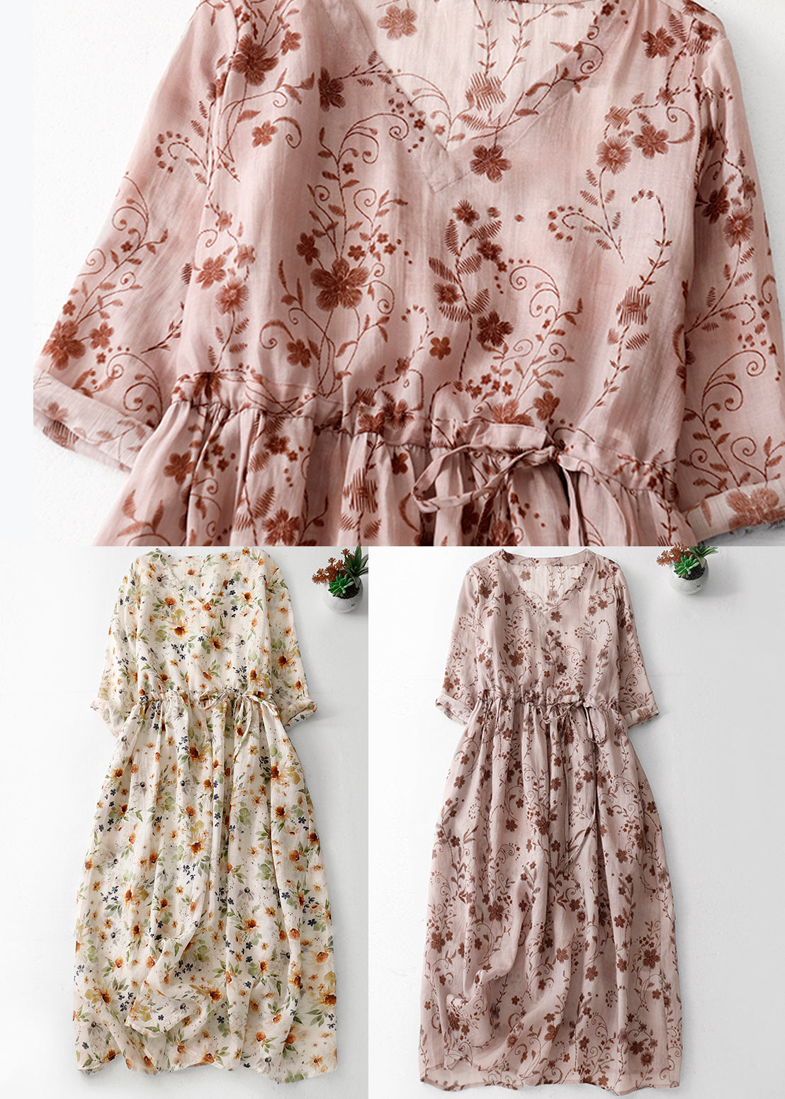 Natural Green V Neck Print Drawstring Cotton Long Dresses Summer Am1067