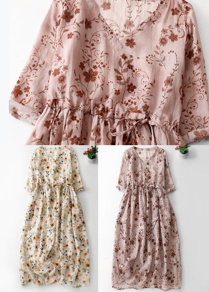 Natural Green V Neck Print Drawstring Cotton Long Dresses Summer Am1067