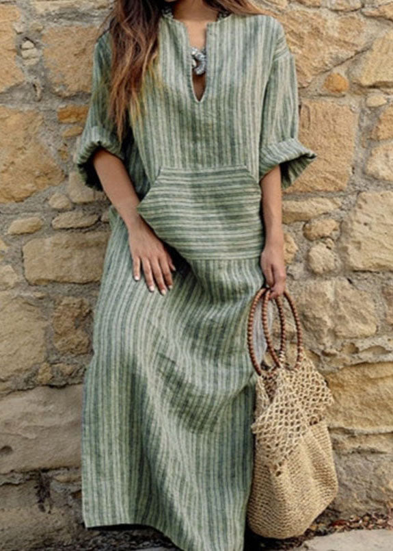 Natural Grey O-neck Striped Patchwork Long Dresses Spring Vb1089
