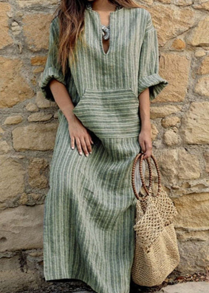 Natural Grey O-neck Striped Patchwork Long Dresses Spring Vb1089
