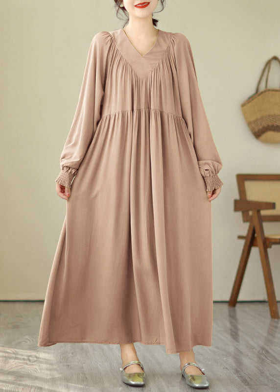 Natural Khaki Patchwork Wrinkled Maxi Dresses Spring Vb1008