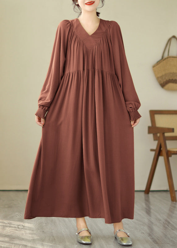 Natural Khaki Patchwork Wrinkled Maxi Dresses Spring Vb1008