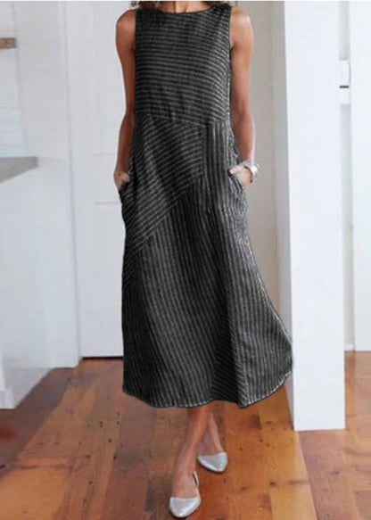 Natural Light Blue O Neck Striped Cotton Long Dresses Sleeveless Tl042