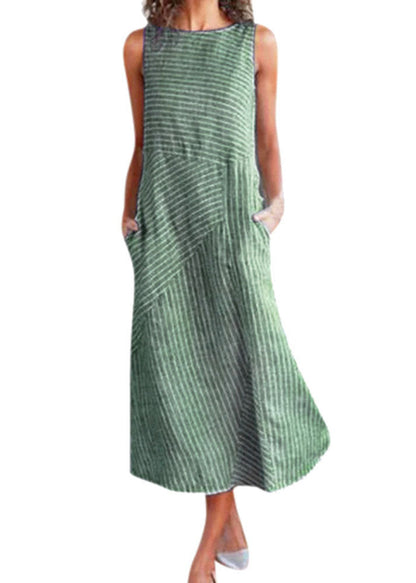Natural Light Blue O Neck Striped Cotton Long Dresses Sleeveless Tl042