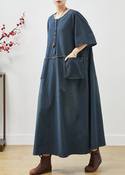 Natural Navy Oversized Pockets Denim Maxi Dresses Summer Ap1074