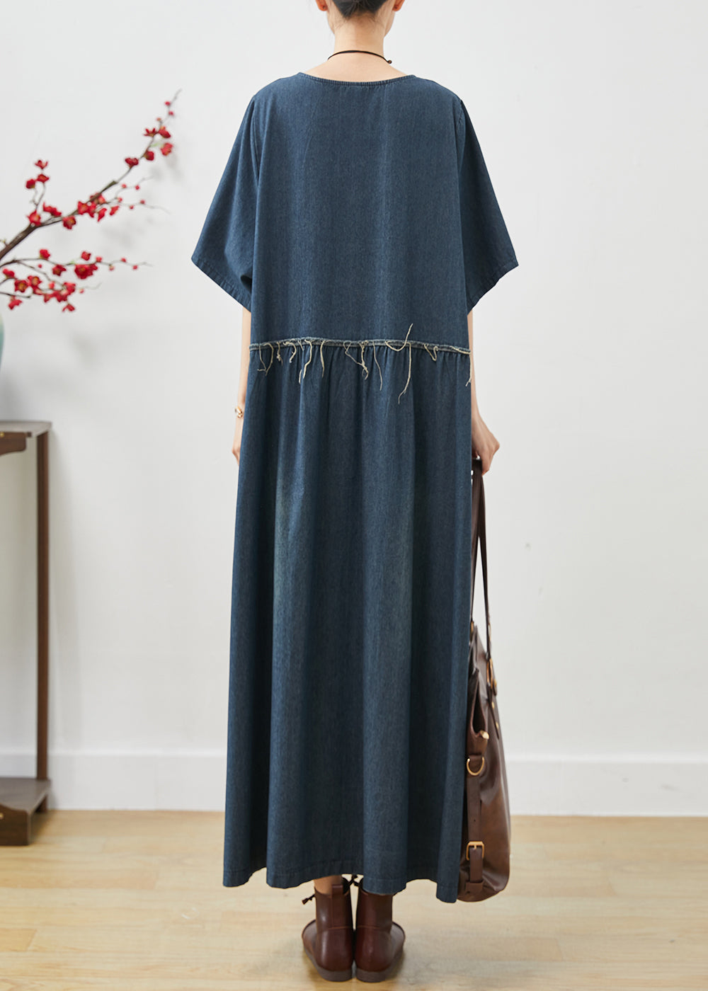 Natural Navy Oversized Pockets Denim Maxi Dresses Summer Ap1074