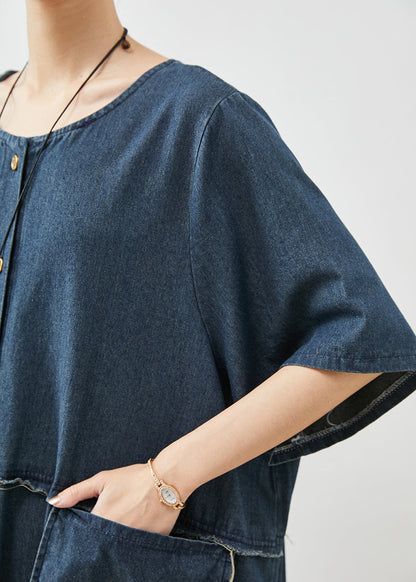 Natural Navy Oversized Pockets Denim Maxi Dresses Summer Ap1074