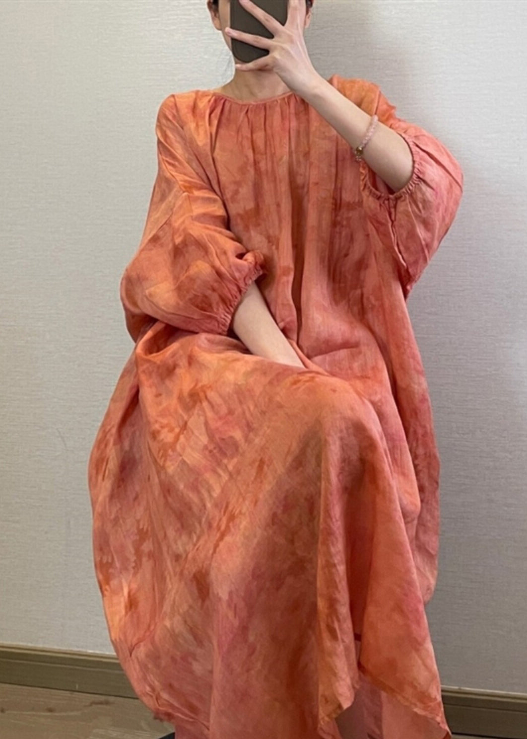 Natural Orange O-neck Tie Dye Maxi Dress Lantern Sleeve Uu1062