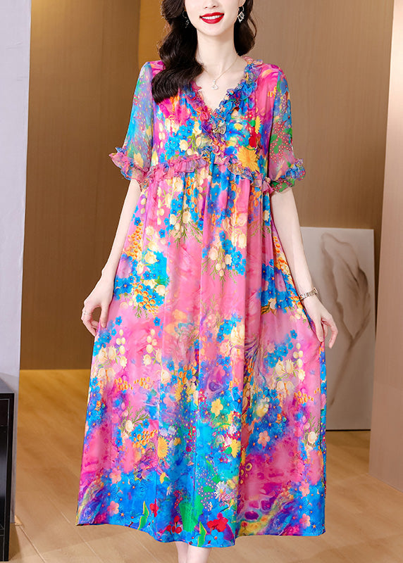 Natural V Neck Ruffled Print Silk Holiday Maxi Dress Short Sleeve Ly1762