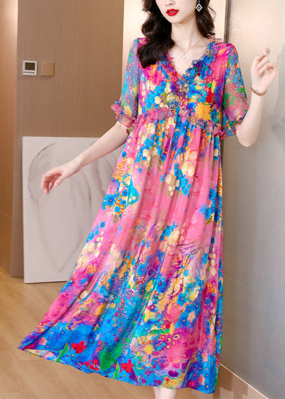 Natural V Neck Ruffled Print Silk Holiday Maxi Dress Short Sleeve Ly1762