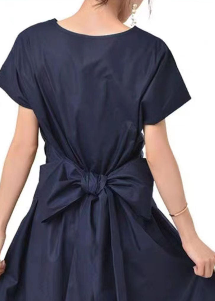 Navy Patchwork Cotton Long Dresses V Neck Wrinkled Summer Ly1319