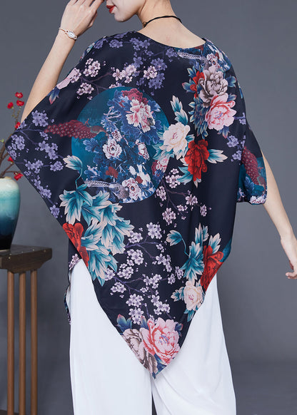 Navy Print Silk Blouse Top Asymmetrical Batwing Sleeve Ly1854