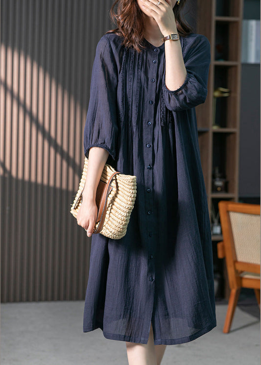 Navy Wrinkled Linen Long Dresses Long Sleeve Ly1746