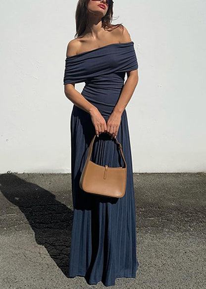 Navy Wrinkled Long Dresses Slash Neck Summer Yz071