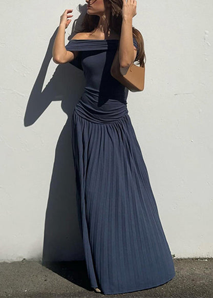 Navy Wrinkled Long Dresses Slash Neck Summer Yz071
