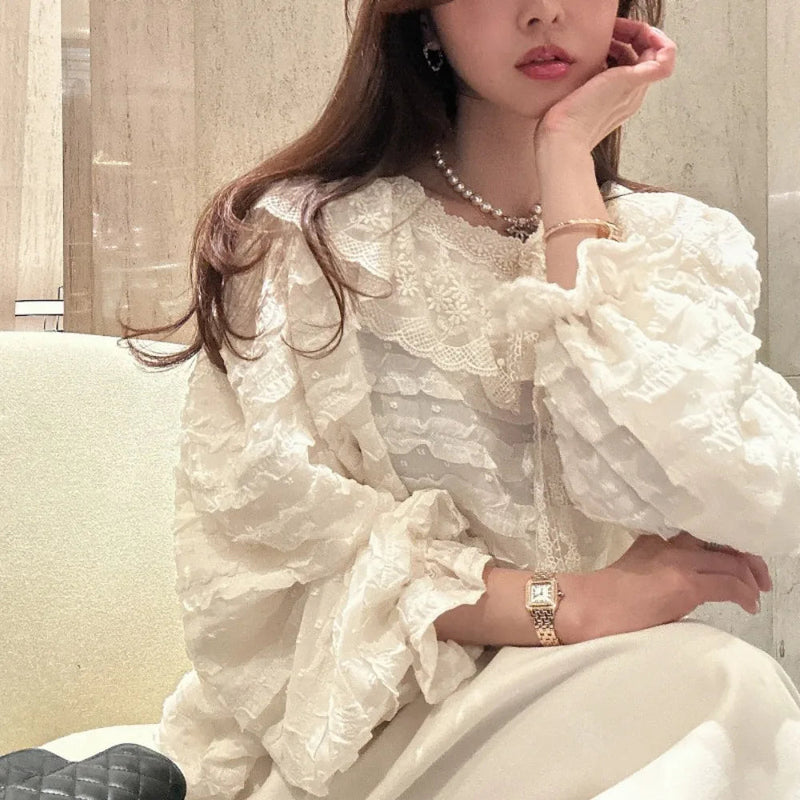 French Style Lace Up Loose Blouse