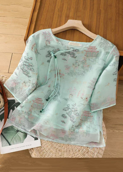 Apricot Tulle Sleeve Half Blouses Open Print New Side