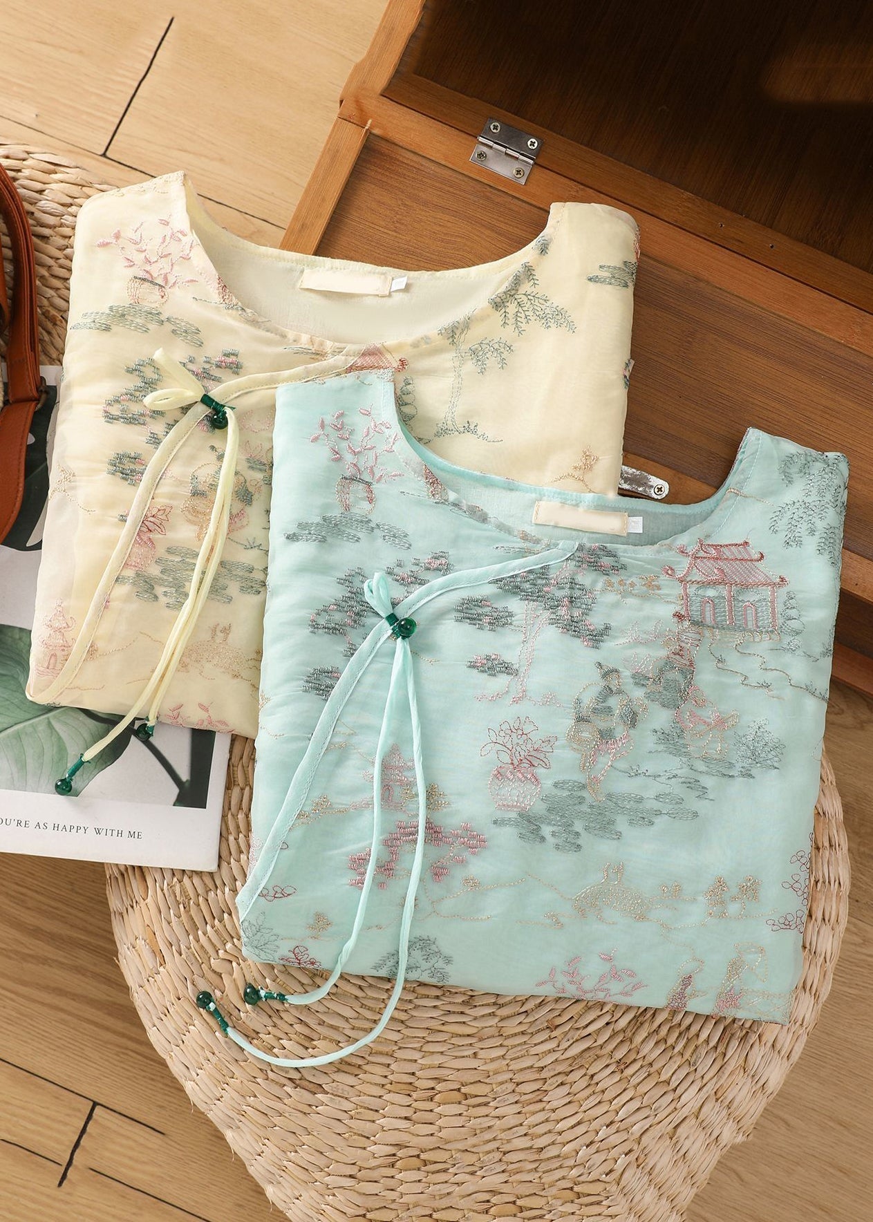 Apricot Tulle Sleeve Half Blouses Open Print New Side
