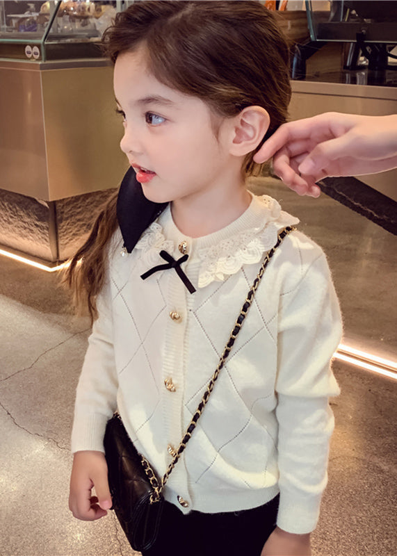 New Apricot Ruffled Patchwork Bow Cotton Knit Kids Cardigans Winter Wl051
