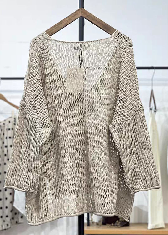 New Apricot V Neck Hollow Out Knit Cardigans Long Sleeve Vv071