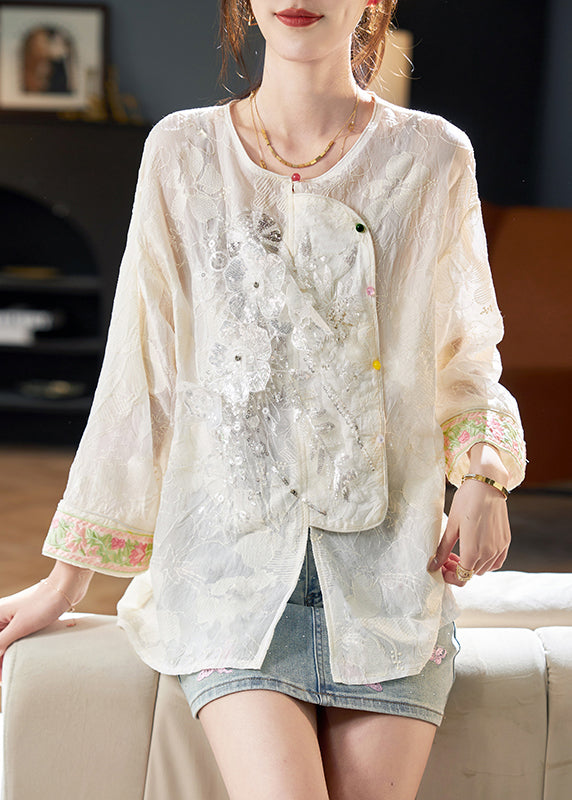 New Beige O-neck Embroidered Sequins Blouses Fall Ab1023