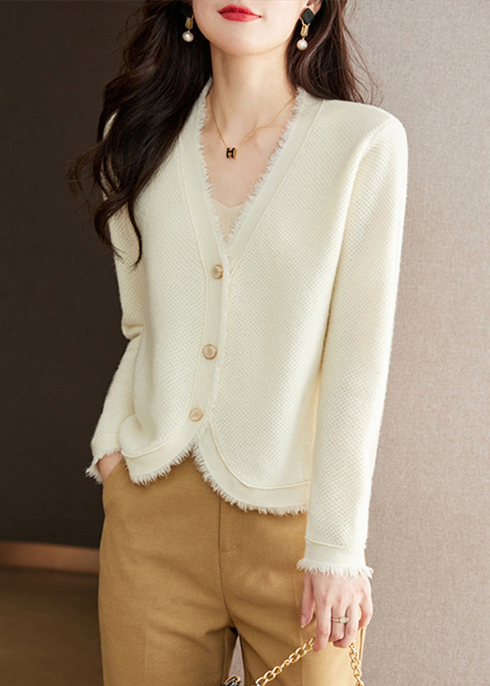 New Beige V Neck Button Wool Knit Cardigan Fall Ry020