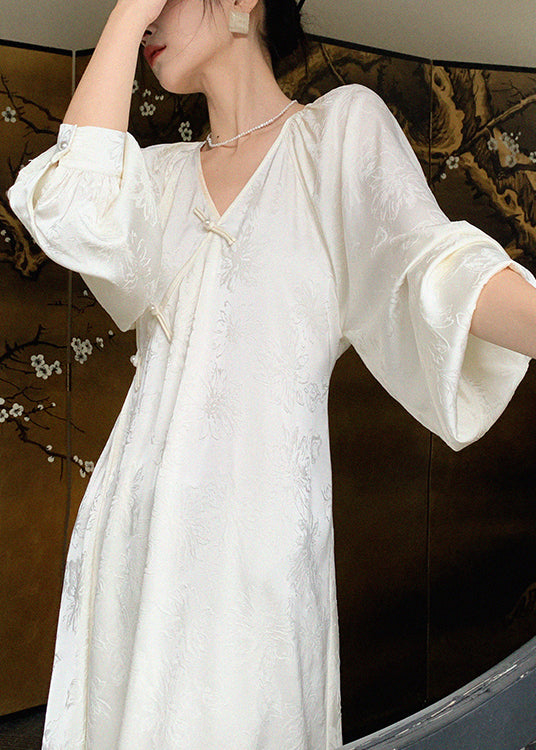New Beige V Neck Jacquard Oriental Button Silk Long Dress Spring Yz020