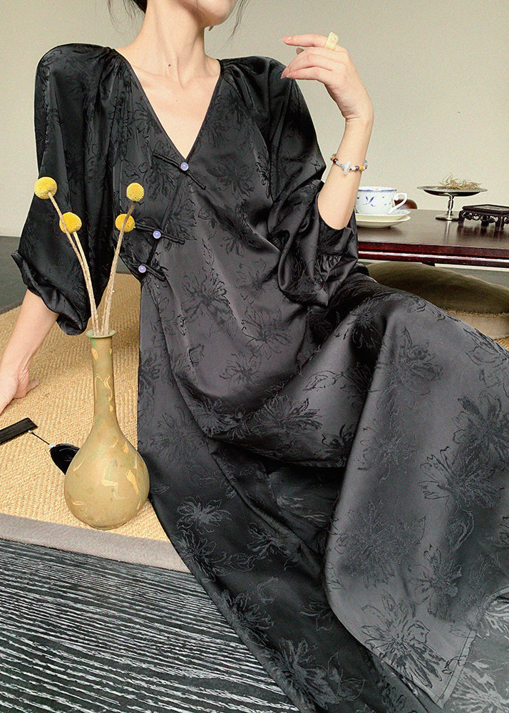 New Beige V Neck Jacquard Oriental Button Silk Long Dress Spring Yz020