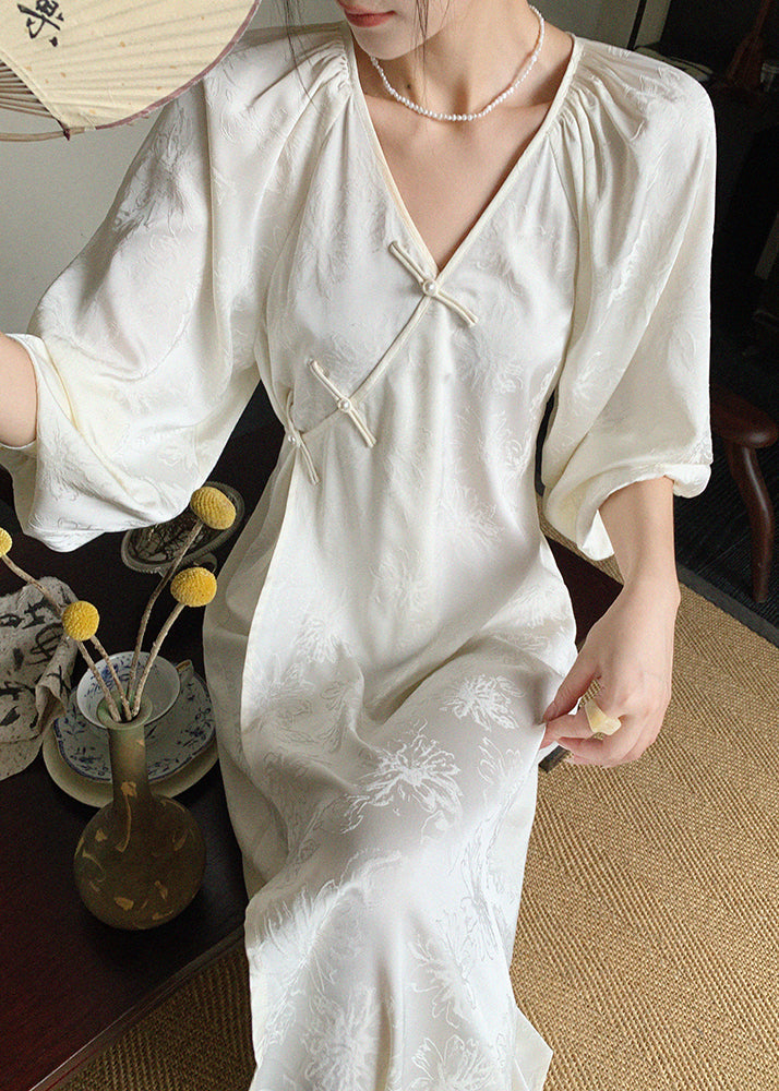 New Beige V Neck Jacquard Oriental Button Silk Long Dress Spring Yz020