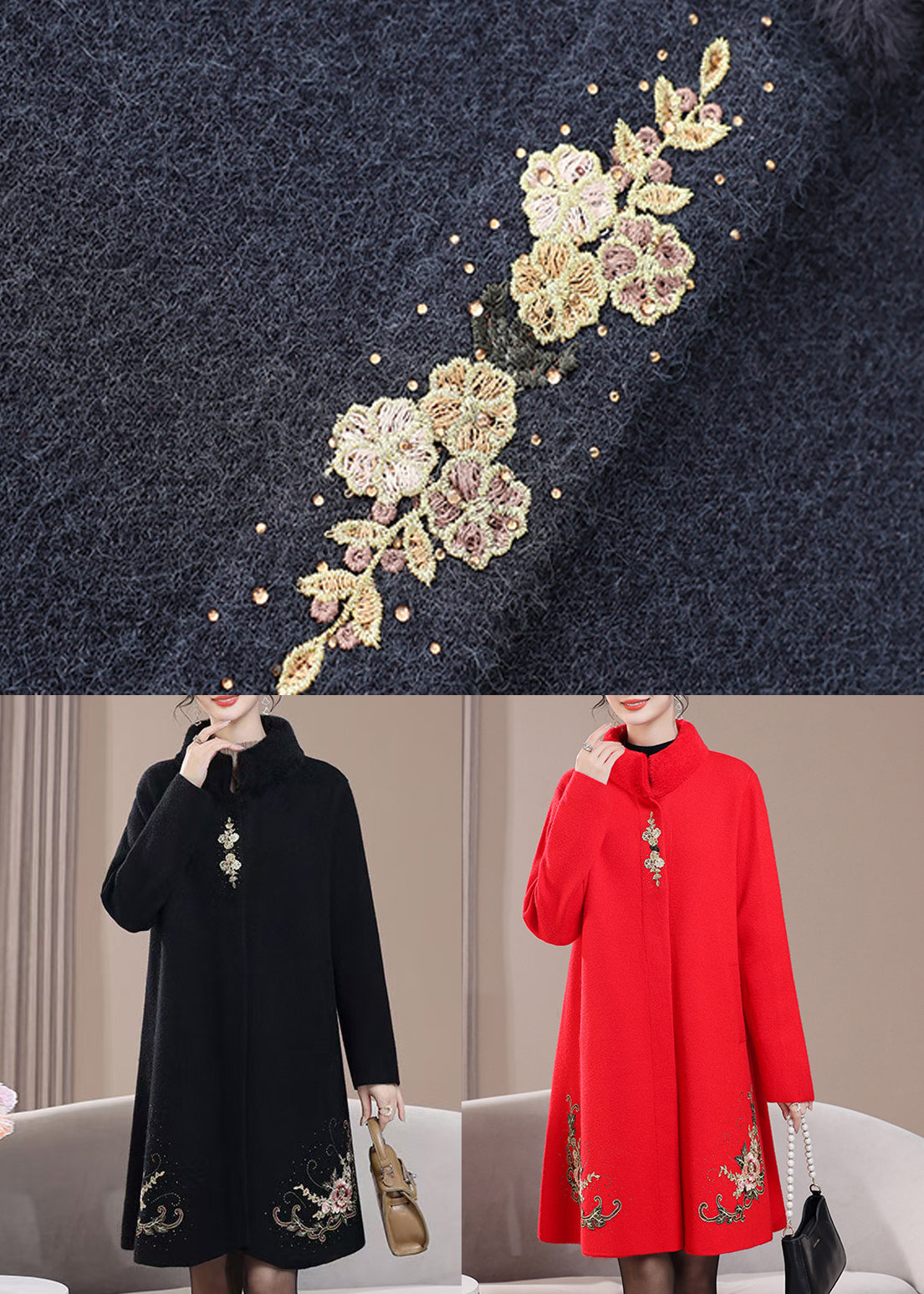 New Black Embroidered Zircon Wool Coats Spring Rz022
