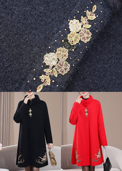 New Black Embroidered Zircon Wool Coats Spring Rz022