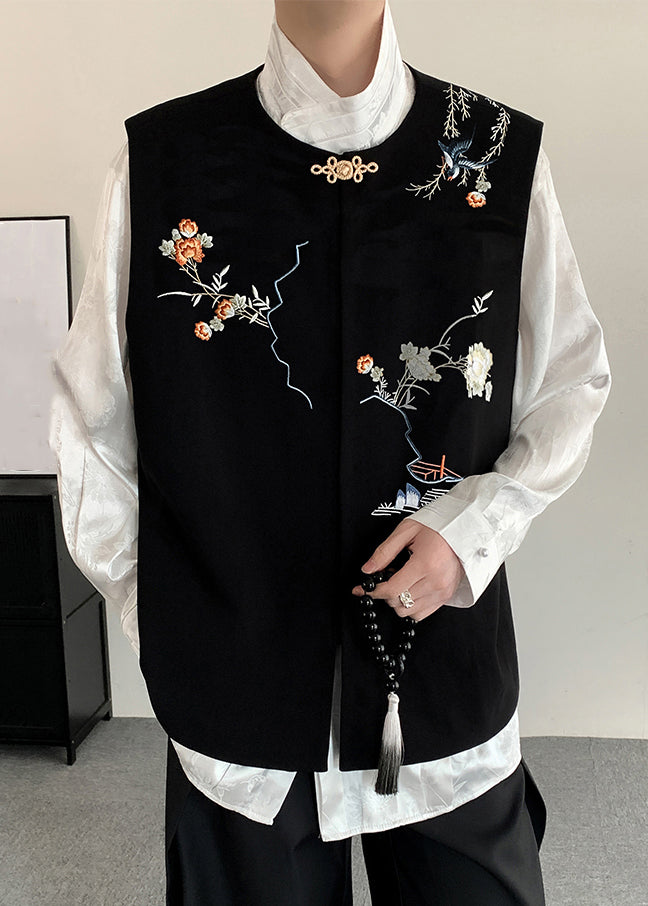 New Black Embroideried Button Silk Velour Waistcoat Fall Wj035