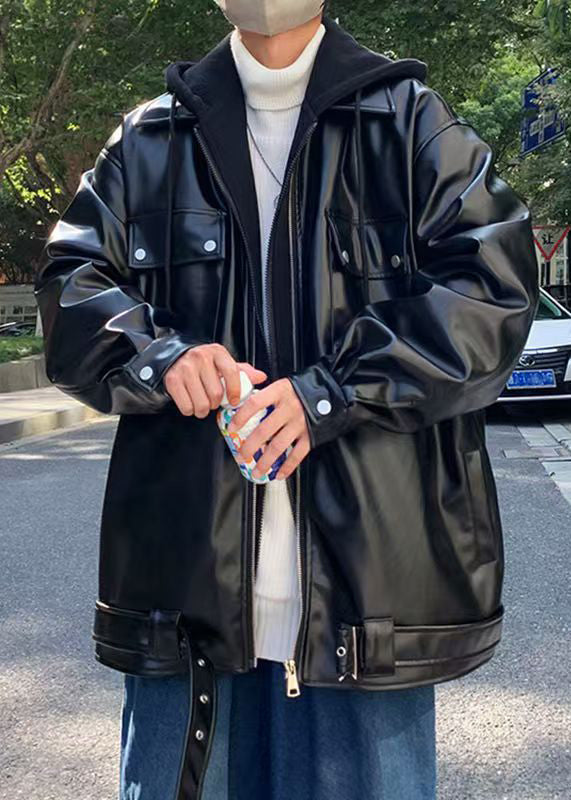 New Black Hooded Patchwork False Two Pieces Faux Leather Coats Spring Rn022