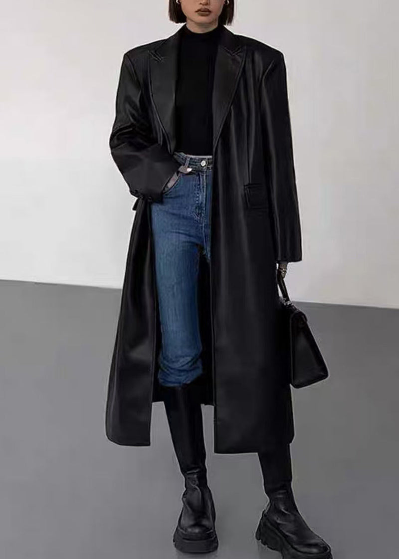 New Black Notched Button Faux Leather Long Coats Winter Er020