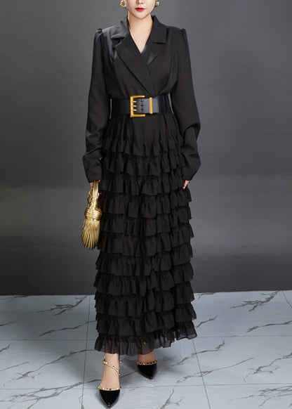 New Black Notched Ruffled Spandex Long Dresses Fall Aj1019