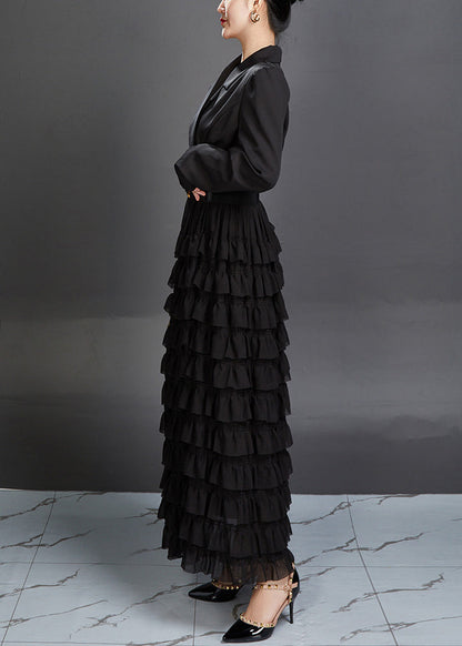 New Black Notched Ruffled Spandex Long Dresses Fall Aj1019