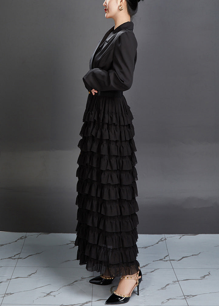 New Black Notched Ruffled Spandex Long Dresses Fall Aj1019