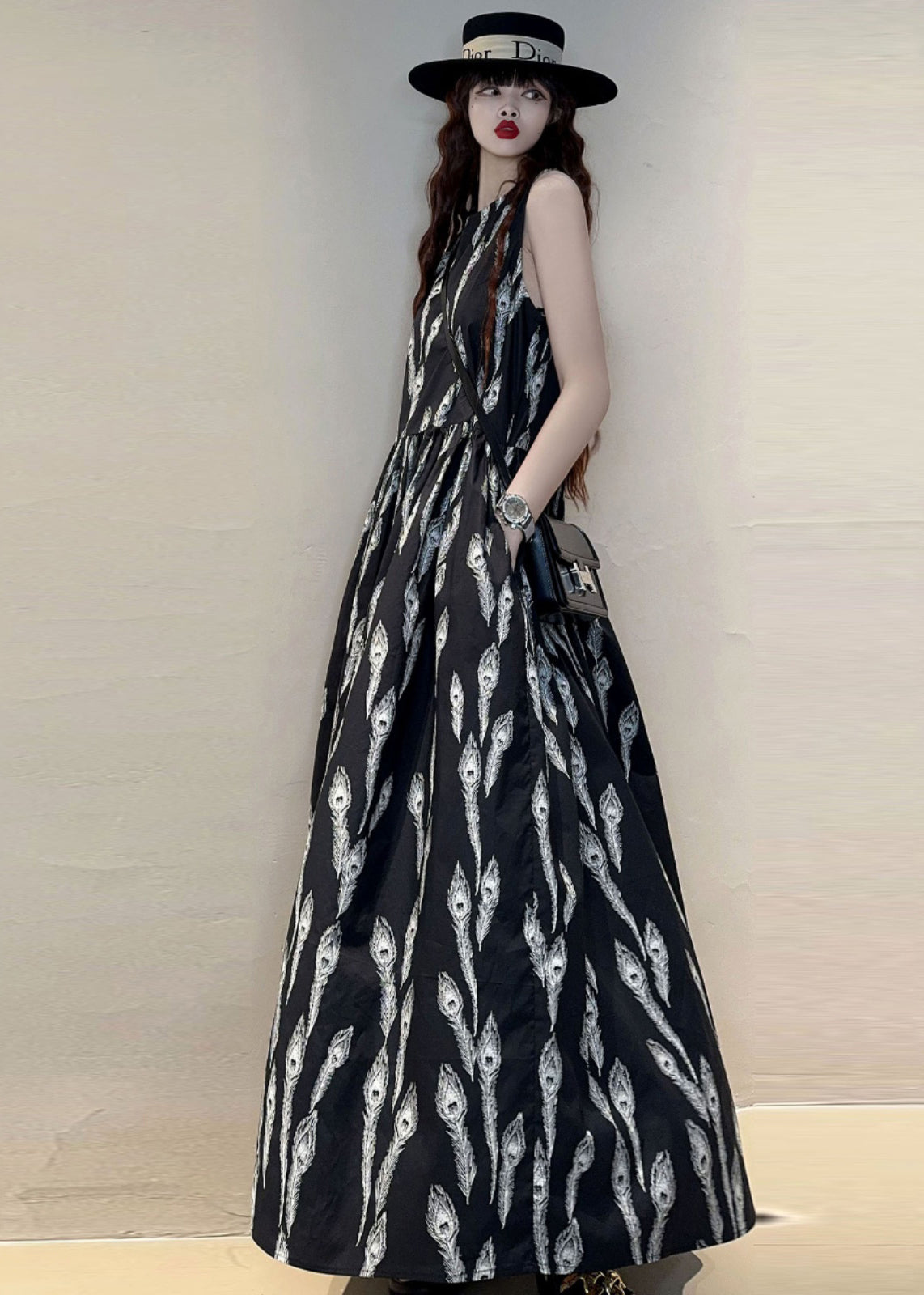 New Black O Neck Print Pockets Cotton Maxi Dresses Sleeveless Kk059