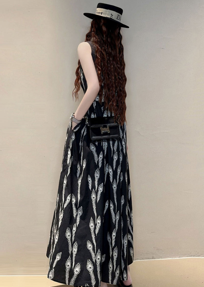 New Black O Neck Print Pockets Cotton Maxi Dresses Sleeveless Kk059