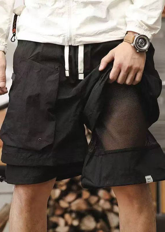 New Cotton Patchwork Pockets Pieces Two Shorts Black False