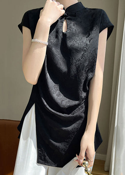 New Black Stand Collar Front Open Silk Blouse Summer Ab1007