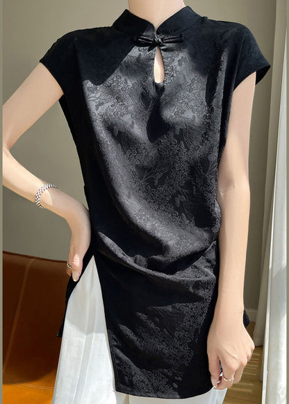 New Black Stand Collar Front Open Silk Blouse Summer Ab1007