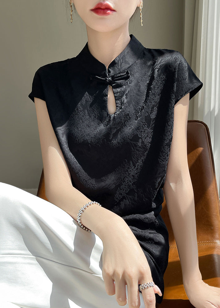 New Black Stand Collar Front Open Silk Blouse Summer Ab1007