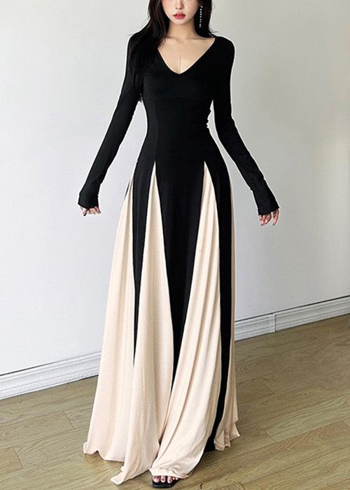New Black V Neck Patchwork Cotton Maxi Dresses Fall Wy028