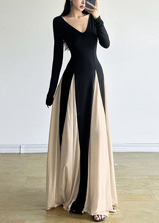 New Black V Neck Patchwork Cotton Maxi Dresses Fall Wy028