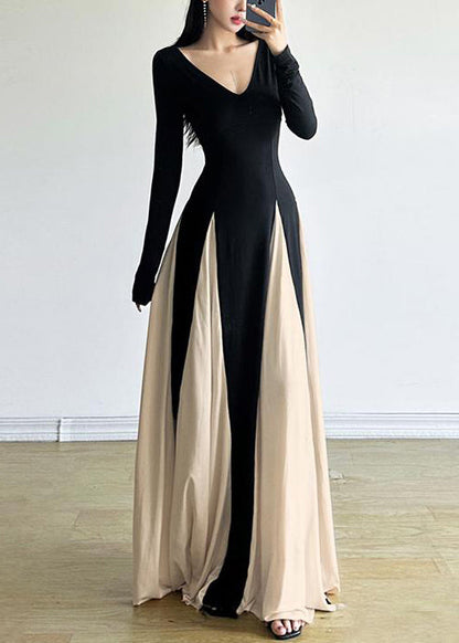New Black V Neck Patchwork Cotton Maxi Dresses Fall Wy028