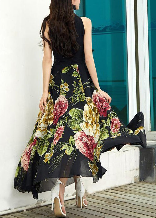 New Black V Neck Print Chiffon Long Dresses Sleeveless As1042