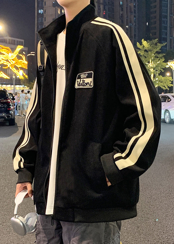Black New Striped Spring Zip Cotton Up Coat