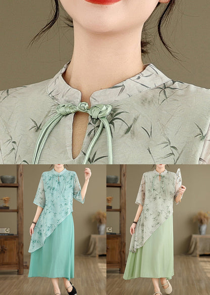 New Blue Asymmetrical Print Cotton Long Dresses Half Sleeve Jh049
